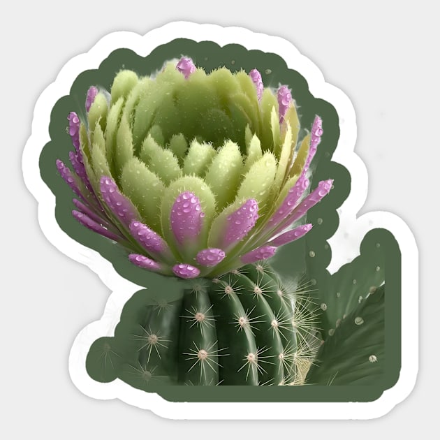 Cactus With a Blooming Flower on Top, Covered in Water Droplets Sticker by animegirlnft